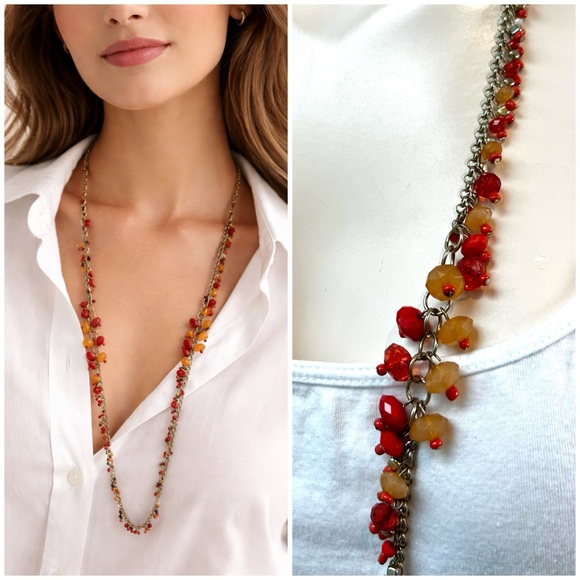 Jewelry - Long Red Coral Amber Bead Chain Necklace Jewelry